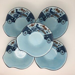 Beautiful Blue Asian Soup Bowls with Spoon Lip Rest Floral Birds Set of 5 Y.50
